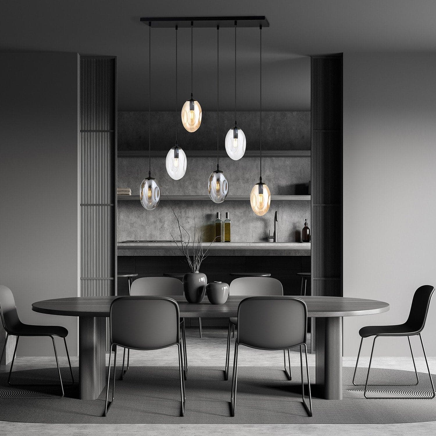 Sospensione Minimal 6 Luci Astral Acciaio Nero E Vetro Ambra, Fumè E Trasparente in Lampade a sospensione LuceArt - Montecorvino Pugliano, commercioVirtuoso.it
