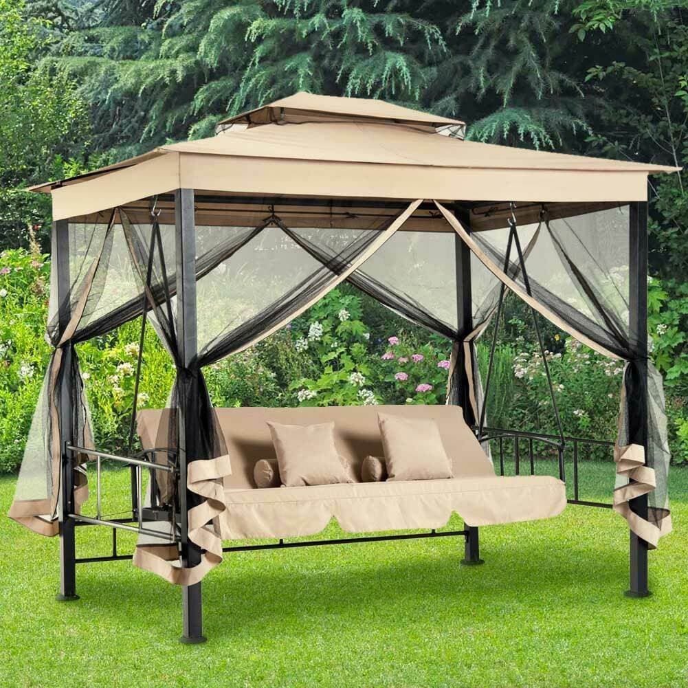 Dondolo Letto 3 posti con Gazebo Parasole e Zanzariera per Giardino 2.57mt Beige in Dondoli coperti Danyx - Casoria, commercioVirtuoso.it