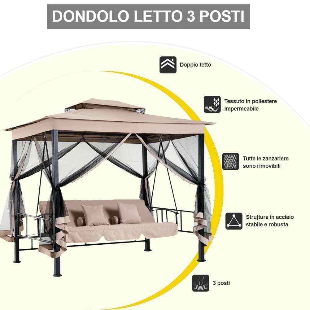 Dondolo Letto 3 posti con Gazebo Parasole e Zanzariera per Giardino 2.57mt Beige in Dondoli coperti Danyx - Casoria, commercioVirtuoso.it