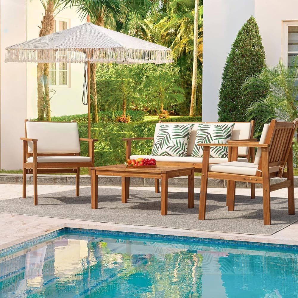 Set da Giardino in Legno di Acacia con Divanetto, 2 Sedie e Tavolino, Cuscini inclusi in Divanetti Danyx - Casoria, commercioVirtuoso.it