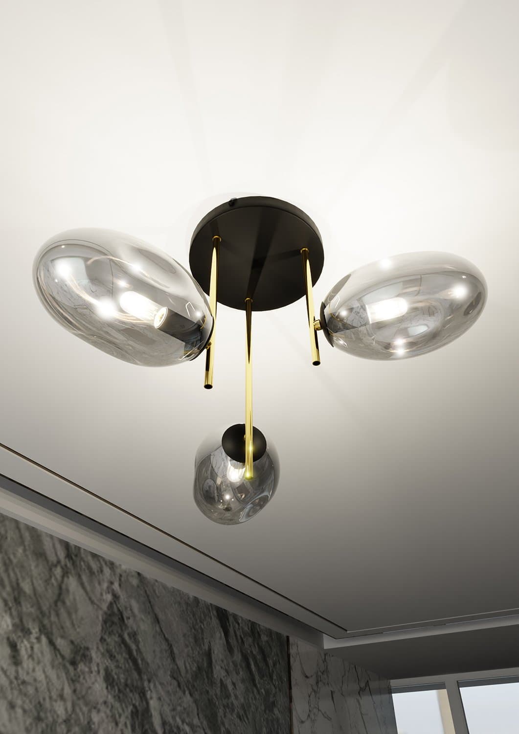 Plafoniera Contemporanea Argo 3 Luci In Acciaio Nero Oro E Diffusori Vetro Fumè in Plafoniere LuceArt - Montecorvino Pugliano, commercioVirtuoso.it