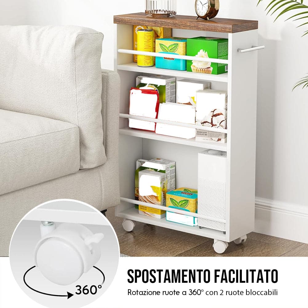 Carrello Portaoggetti Slim Salvaspazio da Cucina con 4 ruote 3 ripiani in Legno Bianco in Carrelli porta oggetti Danyx - Casoria, commercioVirtuoso.it