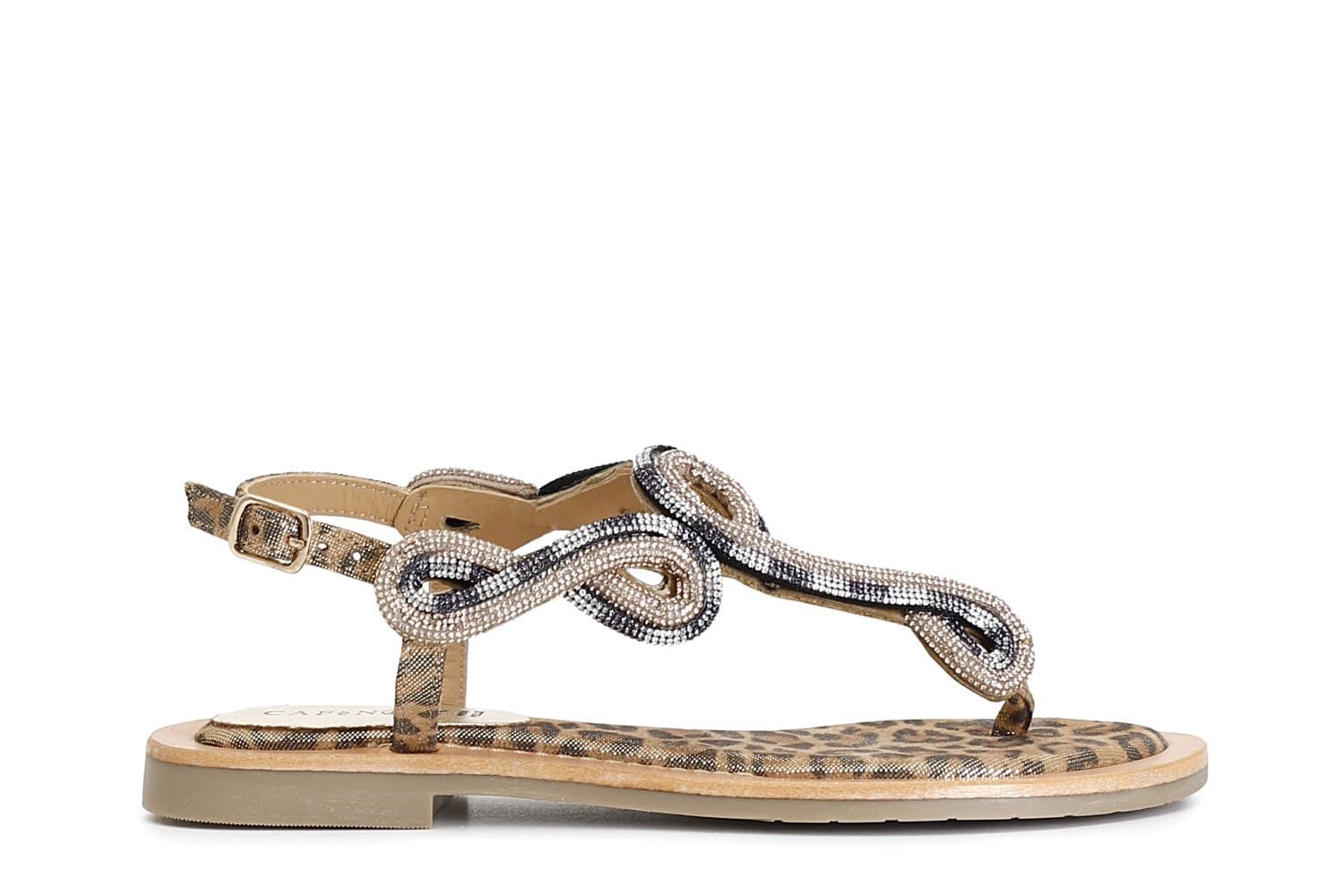 SANDALO INFRADITO IN CAMOSCIO E STAMPA MACULATA CON ACCESSORIO STRASS in Sandali moda 3A Moda Mare Sport - Bellaria Igea Marina, commercioVirtuoso.it