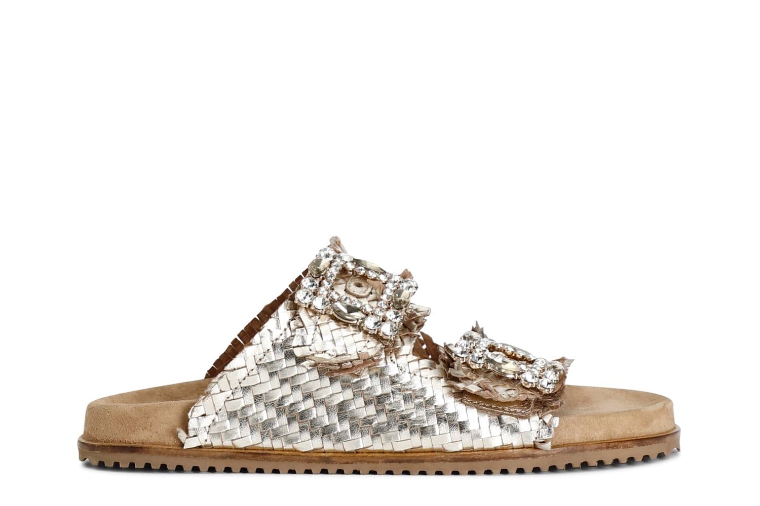 CIABATTA DOPPIA FIBBIA STRASS IN PELLE INTRECCIATA