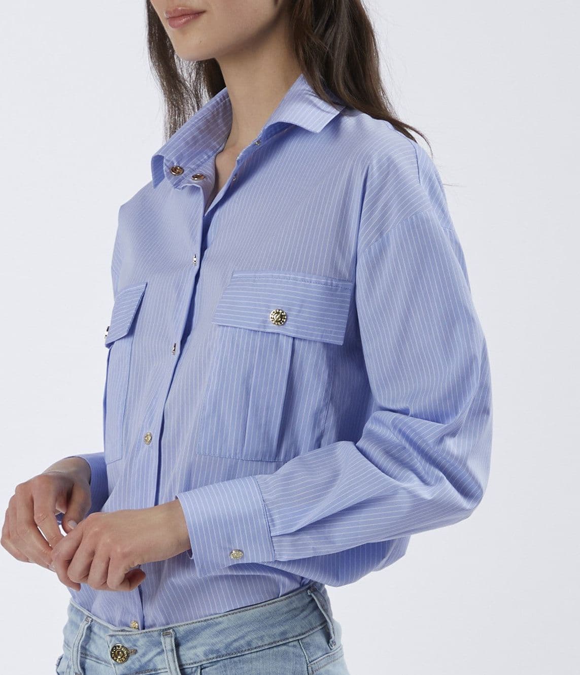 CAMICIA OVER CON TASCHE A TOPPA IN POPELINE STRETCH RIGATO in Camicie casual 3A Moda Mare Sport - Bellaria Igea Marina, commercioVirtuoso.it