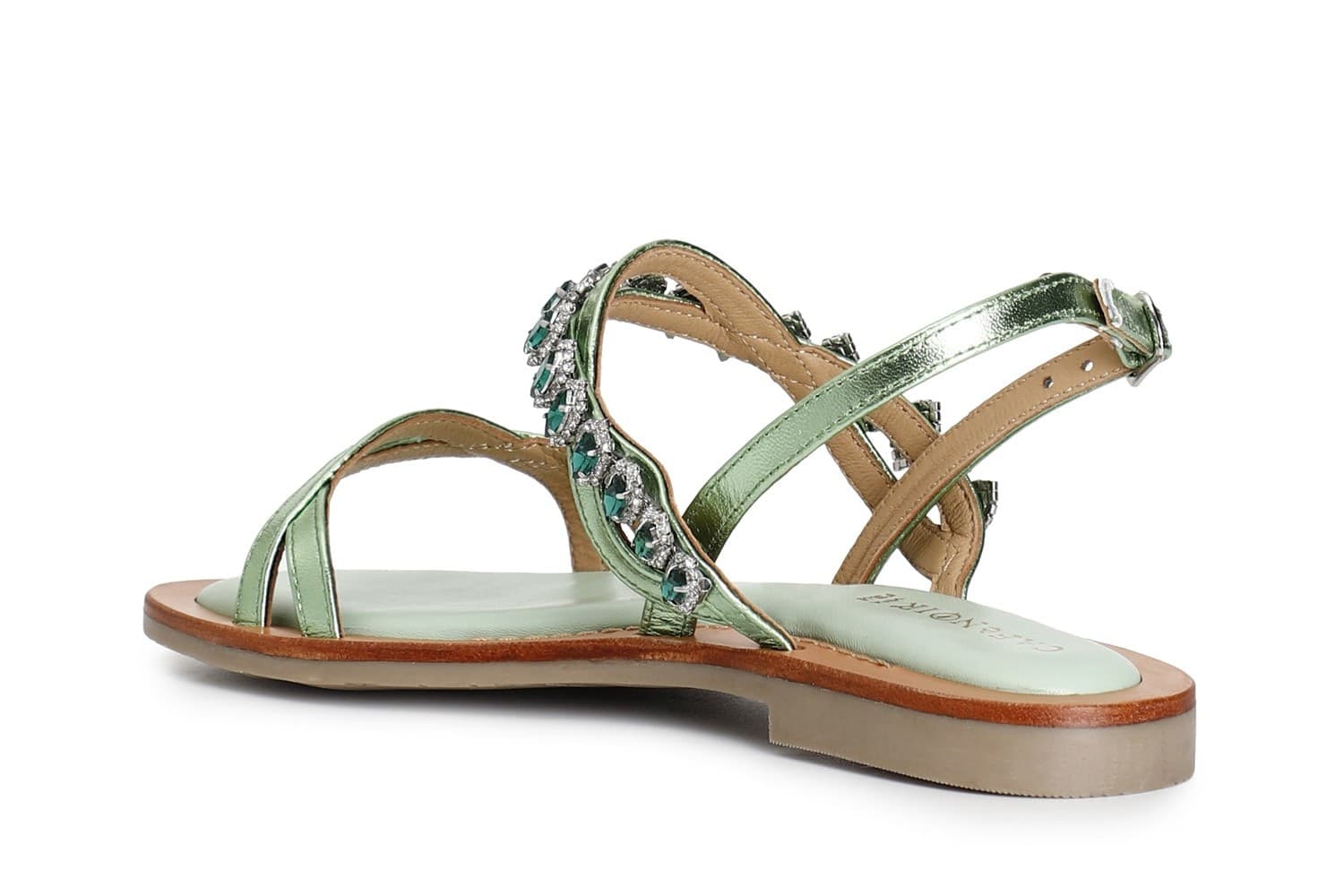 SANDALO DOPPIA FASCIA IN PELLE LAMINATACON ACCESSORIO STRASS in Sandali moda 3A Moda Mare Sport - Bellaria Igea Marina, commercioVirtuoso.it