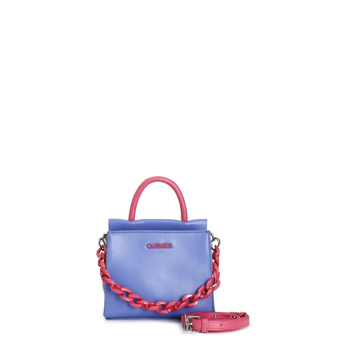 MINIBAG BICOLORE CON MANICO, DOPPIA TASCA .CON TRACOLLA IN PLASTICA E TRACOLLINA