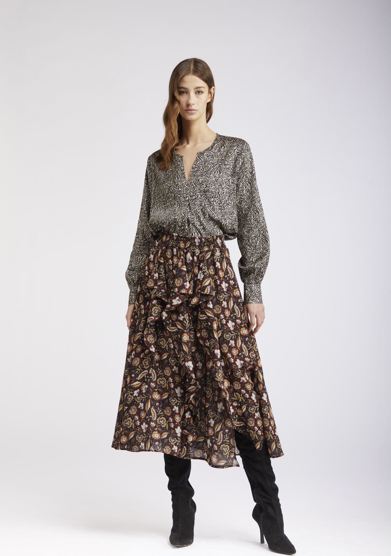GONNA CON RUCHES GEORGETTE STAMPATA