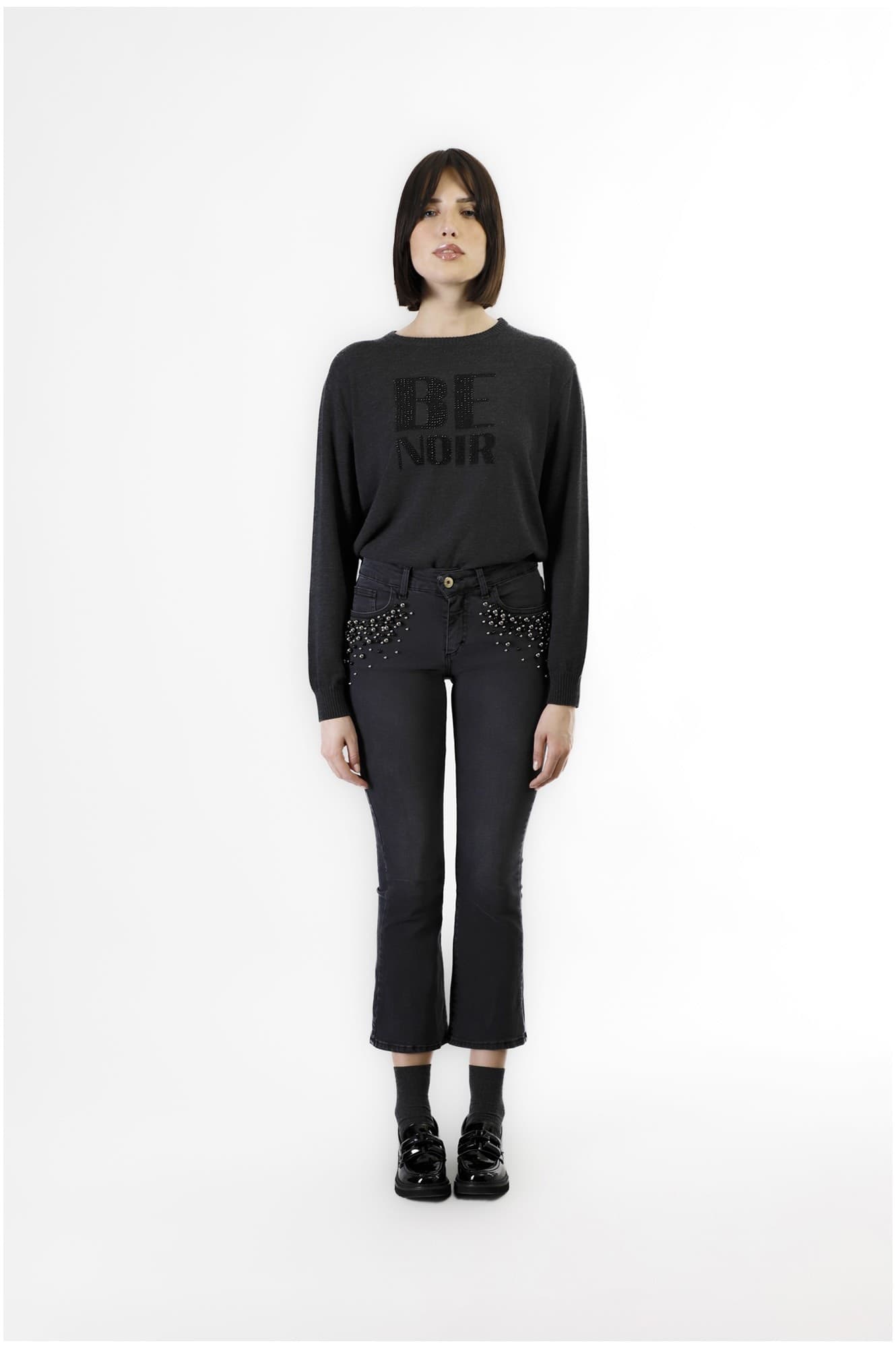 DENIM CROPPED FLARE CON PERLE ALLE TASCHE