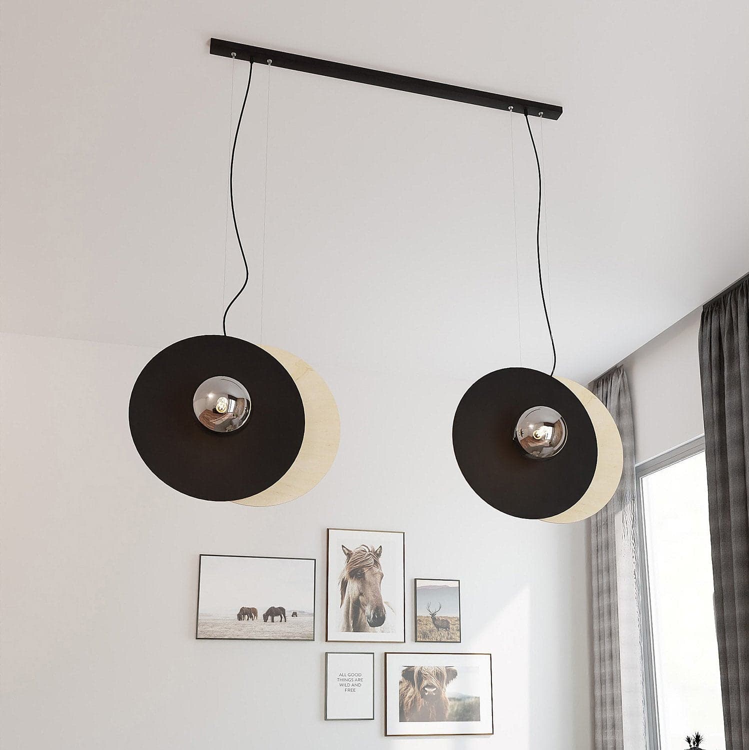 Sospensione Minimal Nordica Soho 4 Luci In Acciaio Nero E Legno Vetro Fumè in Lampade a sospensione LuceArt - Montecorvino Pugliano, commercioVirtuoso.it