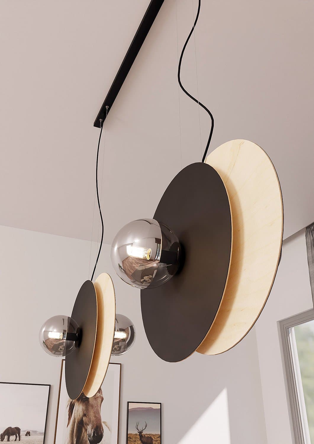 Sospensione Minimal Nordica Soho 4 Luci In Acciaio Nero E Legno Vetro Fumè in Lampade a sospensione LuceArt - Montecorvino Pugliano, commercioVirtuoso.it