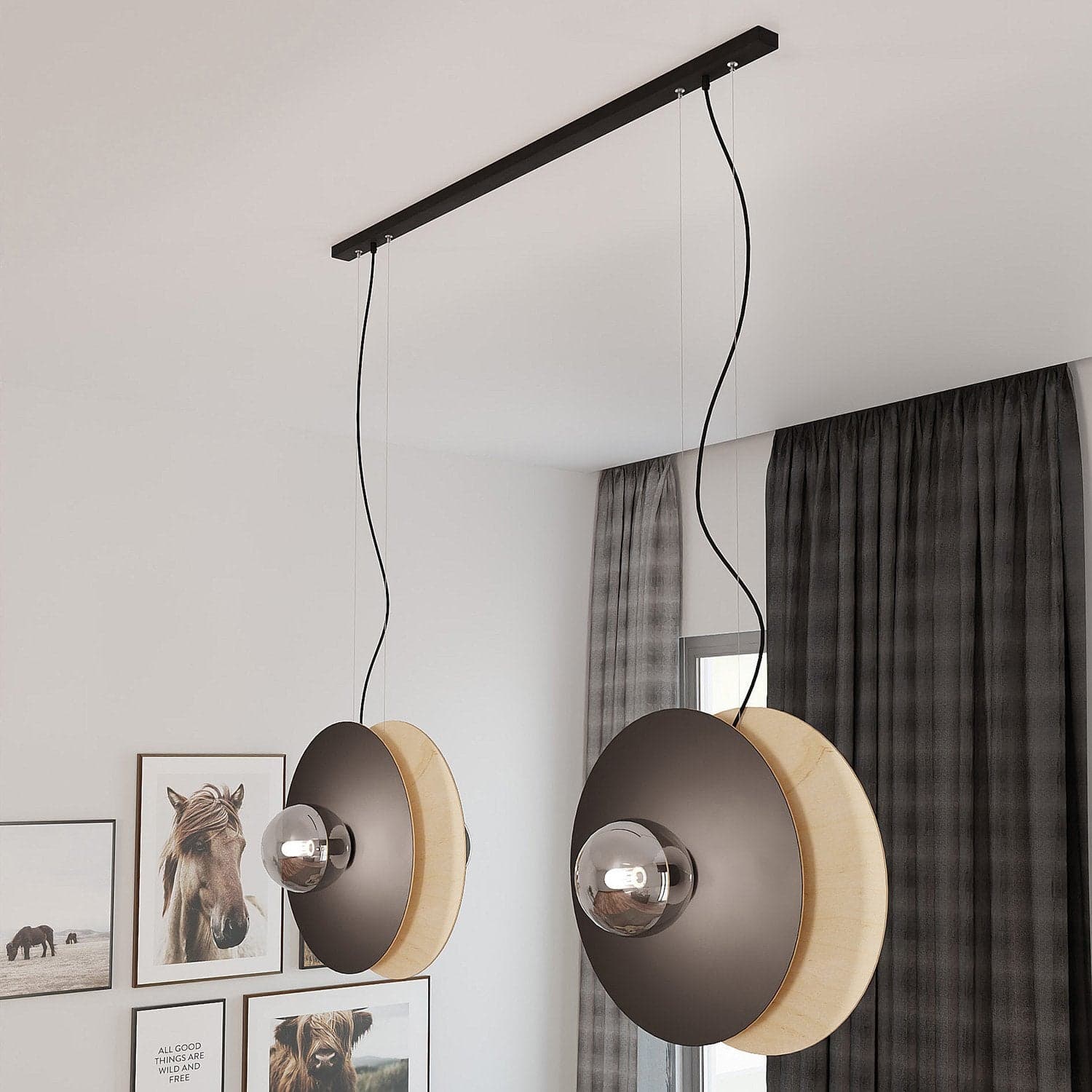 Sospensione Minimal Nordica Soho 4 Luci In Acciaio Nero E Legno Vetro Fumè in Lampade a sospensione LuceArt - Montecorvino Pugliano, commercioVirtuoso.it
