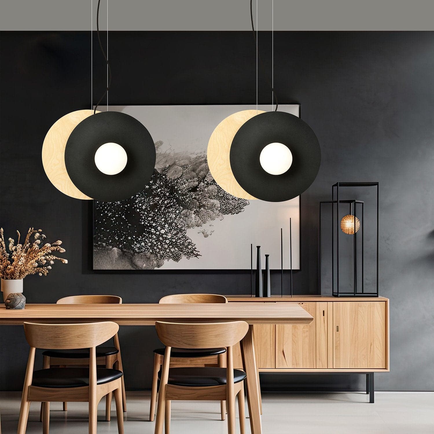 Sospensione Minimal Nordica Soho 4 Luci In Acciaio Nero E Legno Vetro Bianco in Lampade a sospensione LuceArt - Montecorvino Pugliano, commercioVirtuoso.it