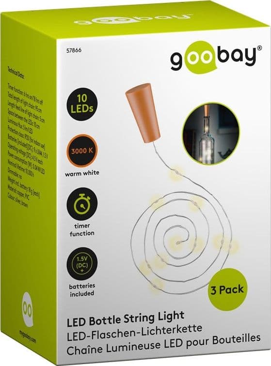 Confezione da 3pz Catena Luminosa per Bottiglie da 10 LED con Timer