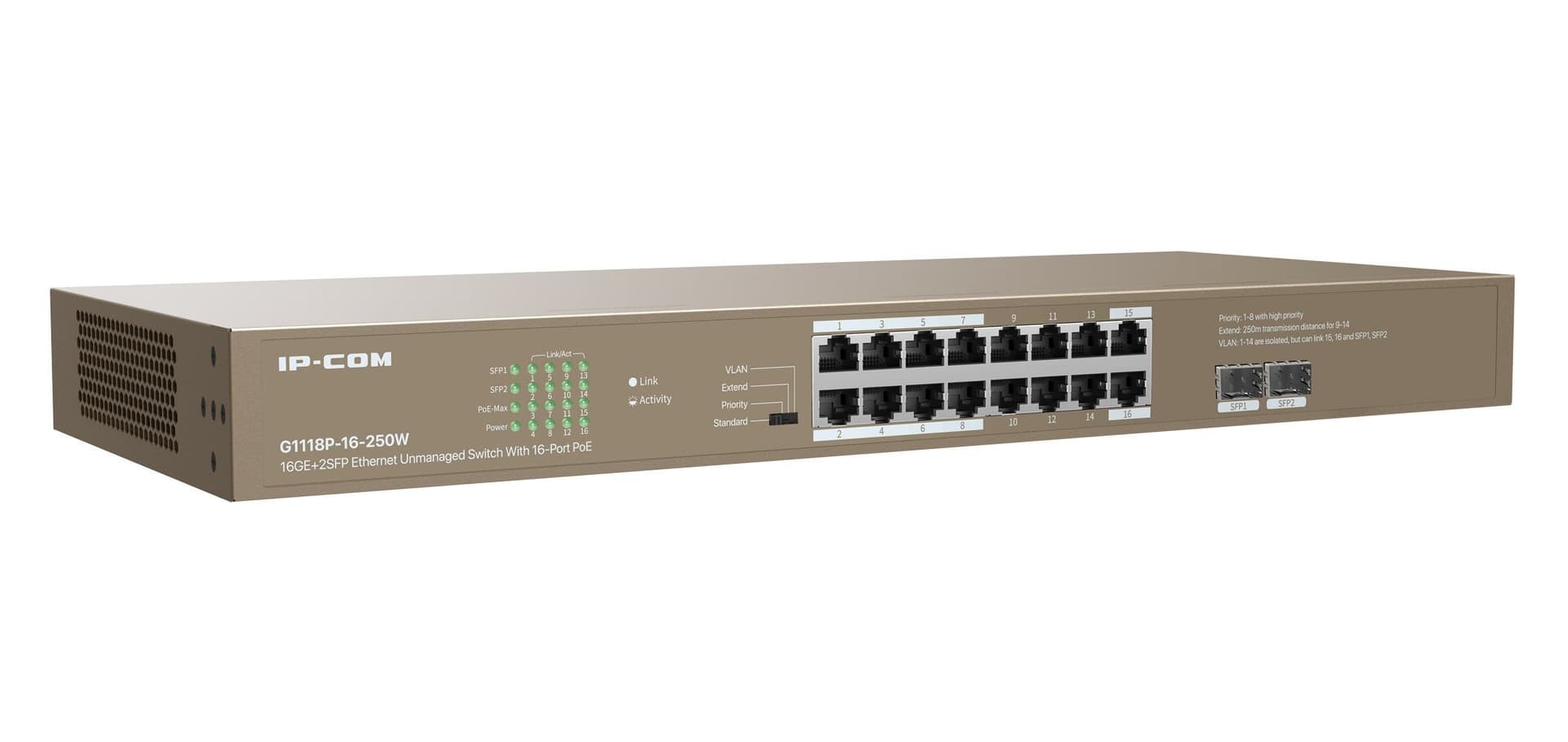 Unmanaged Switch Ethernet 16 Porte PoE 16GE+2SFP G1118P-16-250W in  Scontolo.net - Potenza, commercioVirtuoso.it