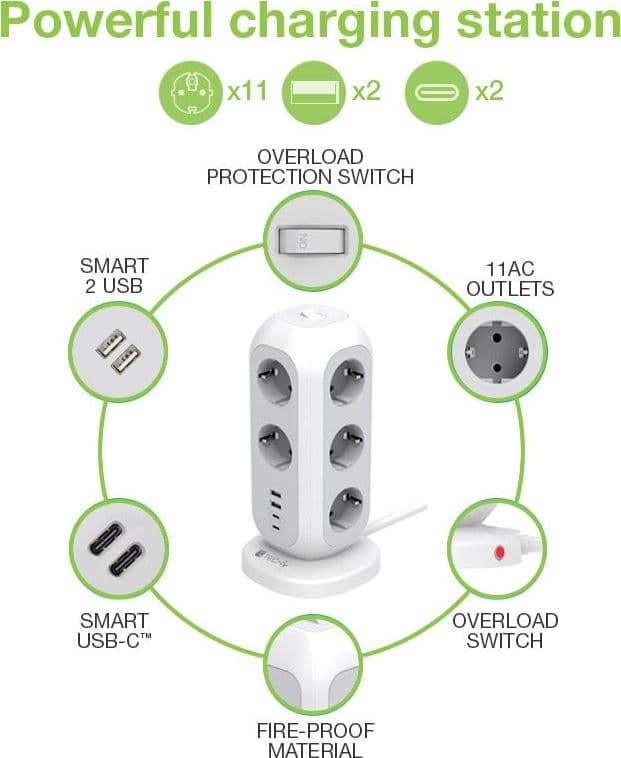 Multipresa da Tavolo Torretta di Alimentazione 11 Prese Schuko 2 USB-A e 2 USB-C&trade in Multiprese Scontolo.net - Potenza, commercioVirtuoso.it