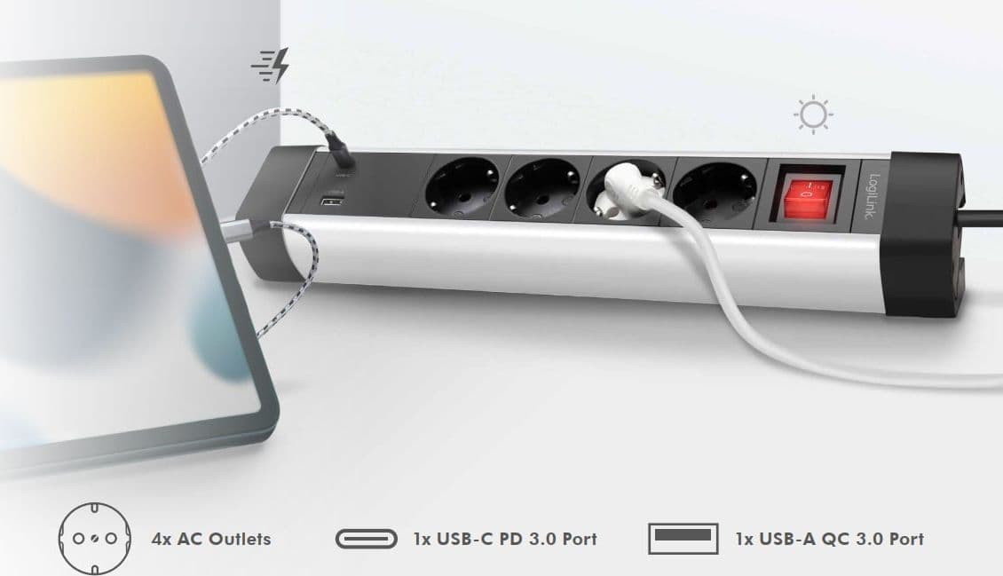 Presa Multipla a 4 vie con Presa USB-C&trade PD e USB-A QC per la Ricarica Veloce