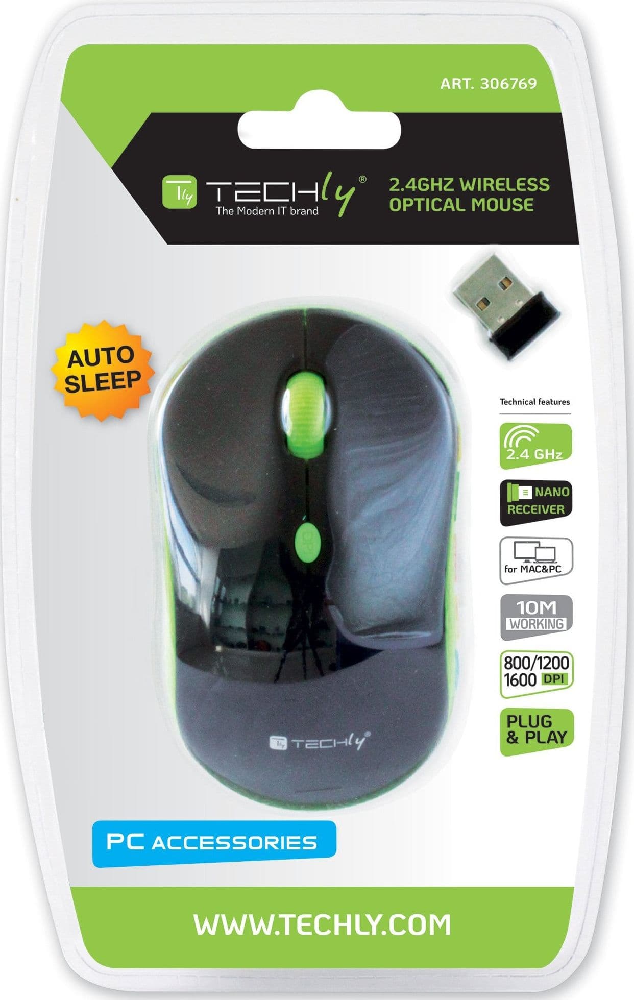 Mouse Wireless 2.4GHz 800-1600 dpi Nero/Verde