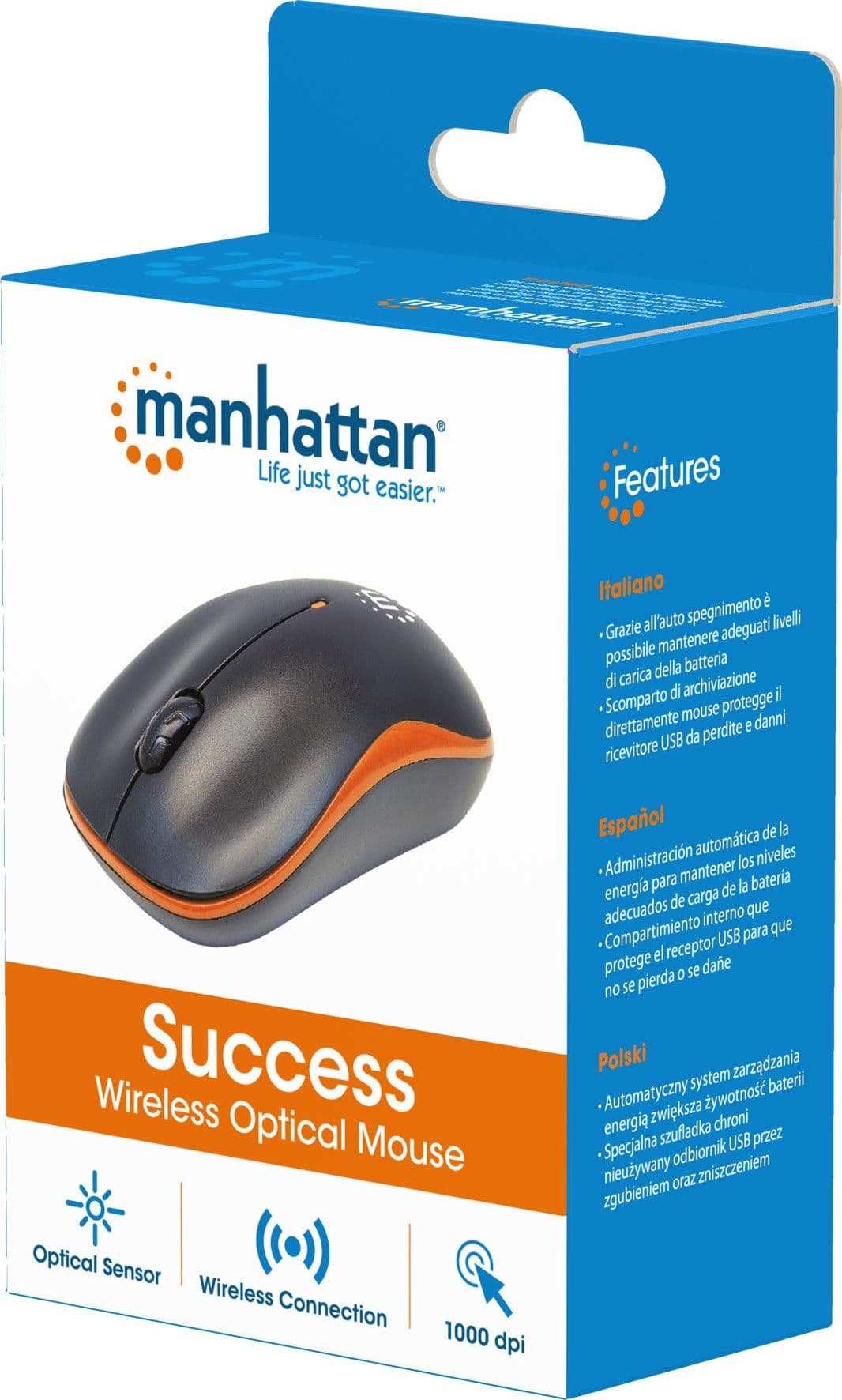 Mouse Ottico Wireless con Micro Ricevitore USB 1000 Dpi Nero/Arancione