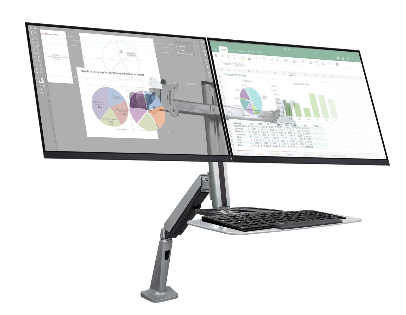 Supporto Scrivania Doppio Monitor 13''-27'' Molla a Gas Ripiano Tastiera in Supporti Scontolo.net - Potenza, commercioVirtuoso.it