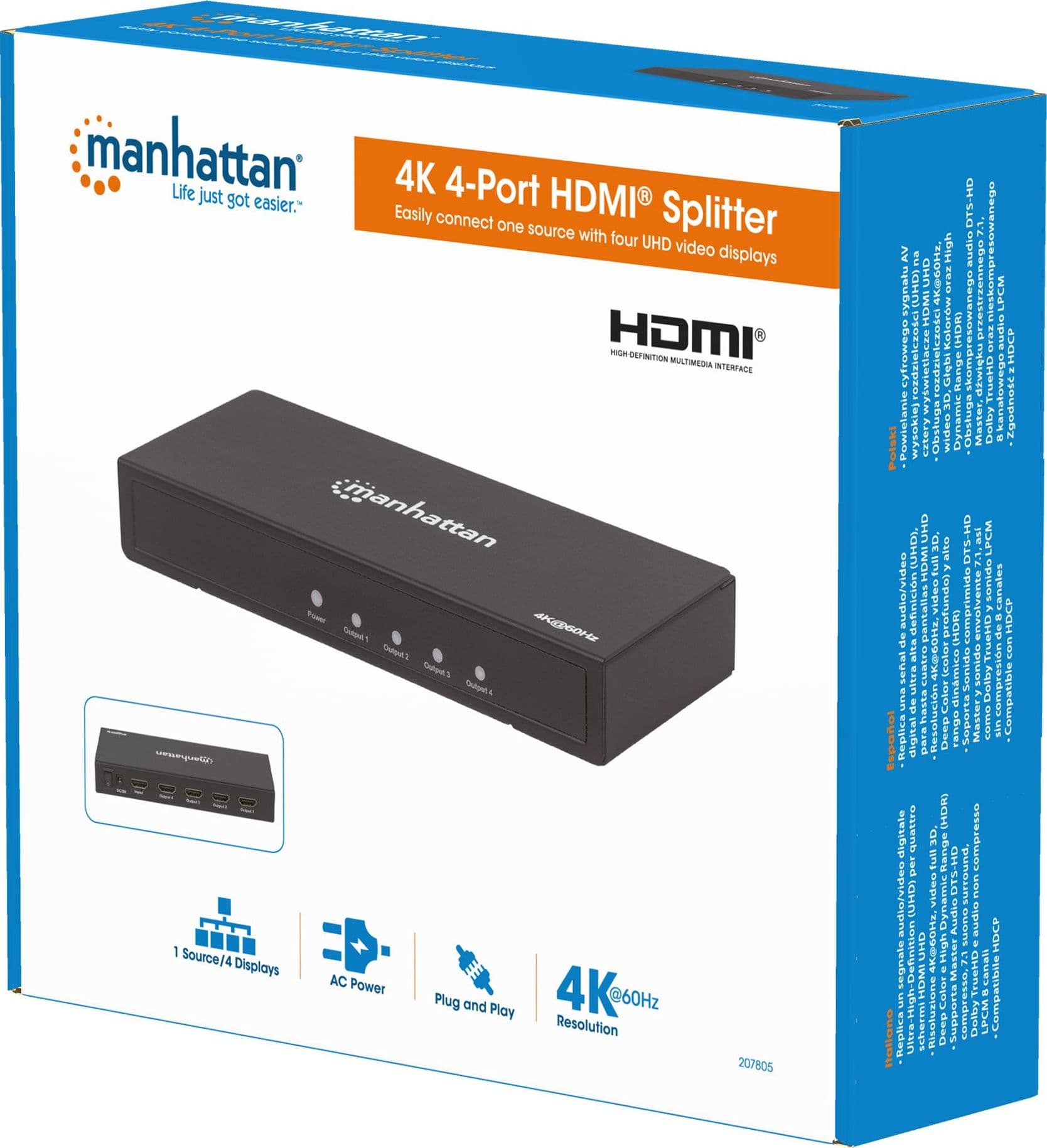 Splitter HDMI 2.0 4K UHD 3D 4 vie