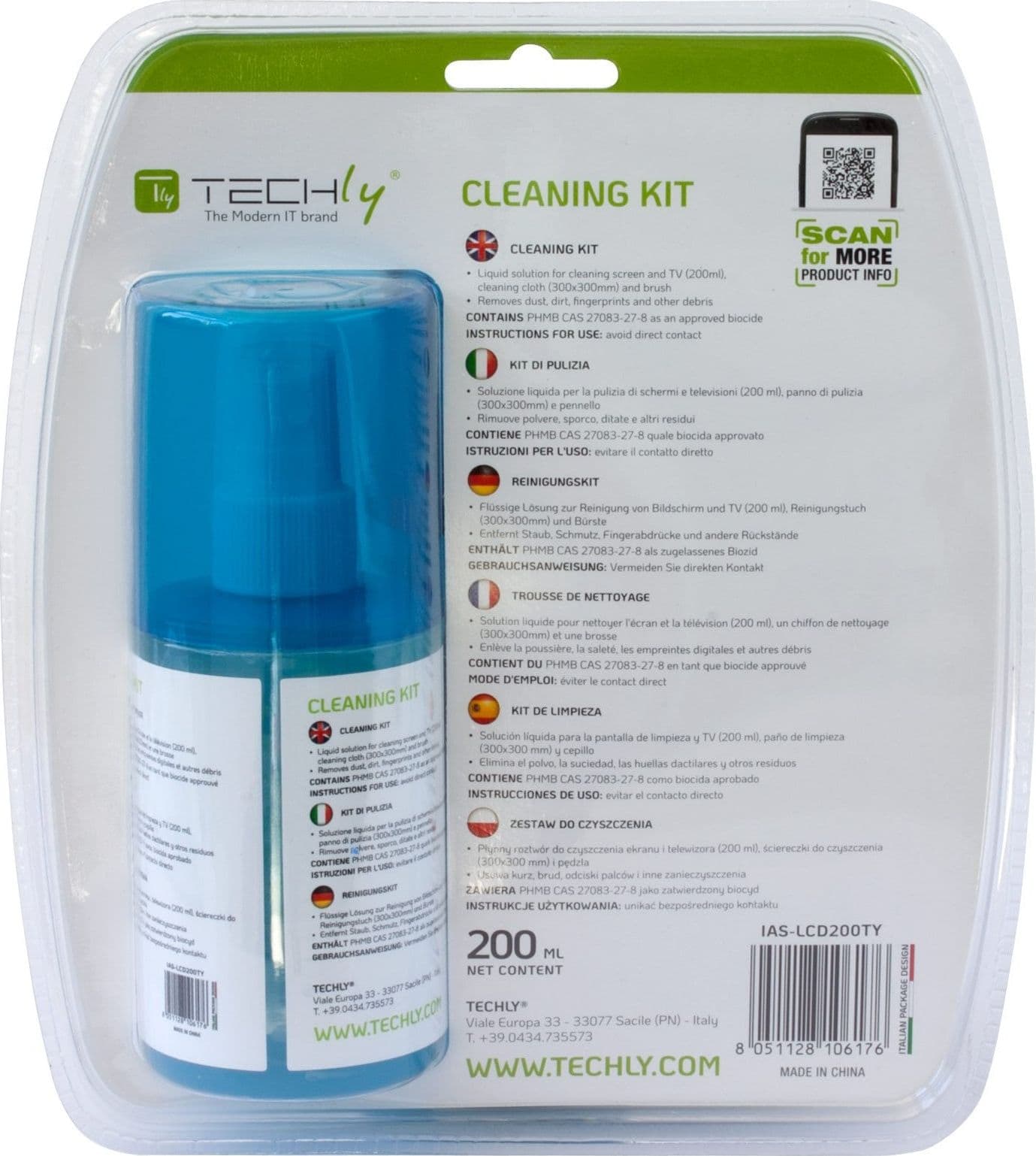 Kit di Pulizia per Monitor LCD 200ml con Panno Microfibra e Pennello