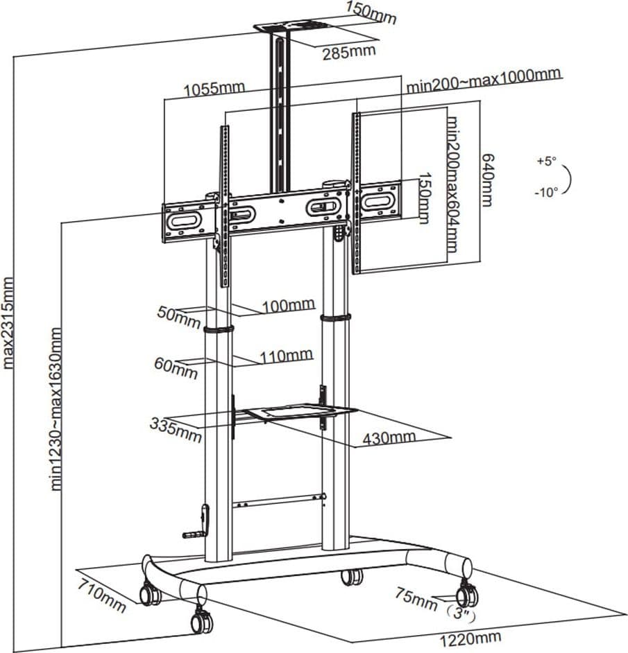 Supporto a pavimento per TV con regolazione manuale altezza, in acciaio, per TV da 60'' a 100''