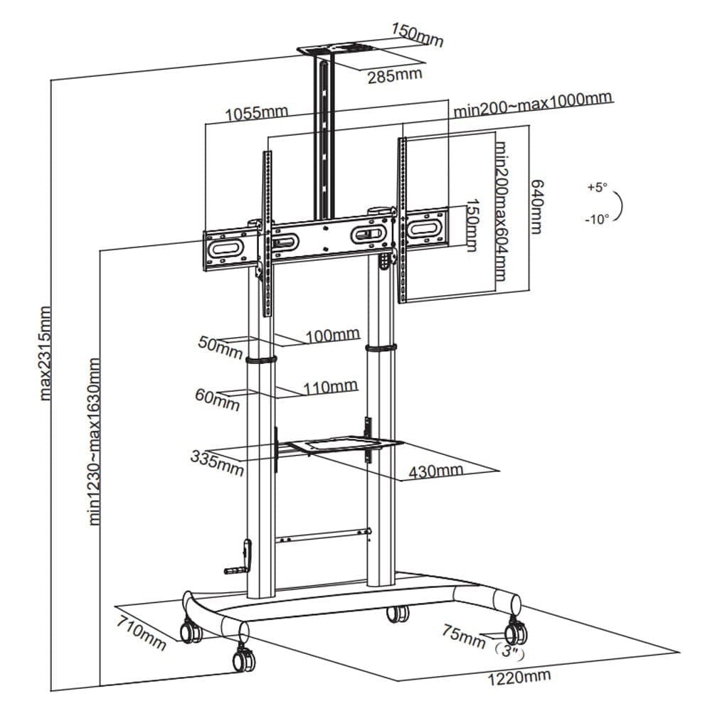 Supporto a pavimento per TV con regolazione manuale altezza, in acciaio, per TV da 60'' a 100''