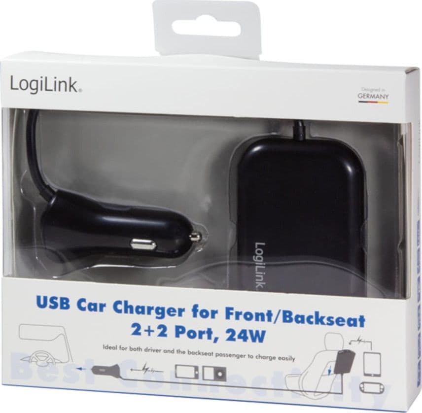 Caricatore da Auto 2 USB + 2 USB per Passeggeri Posteriori 24W