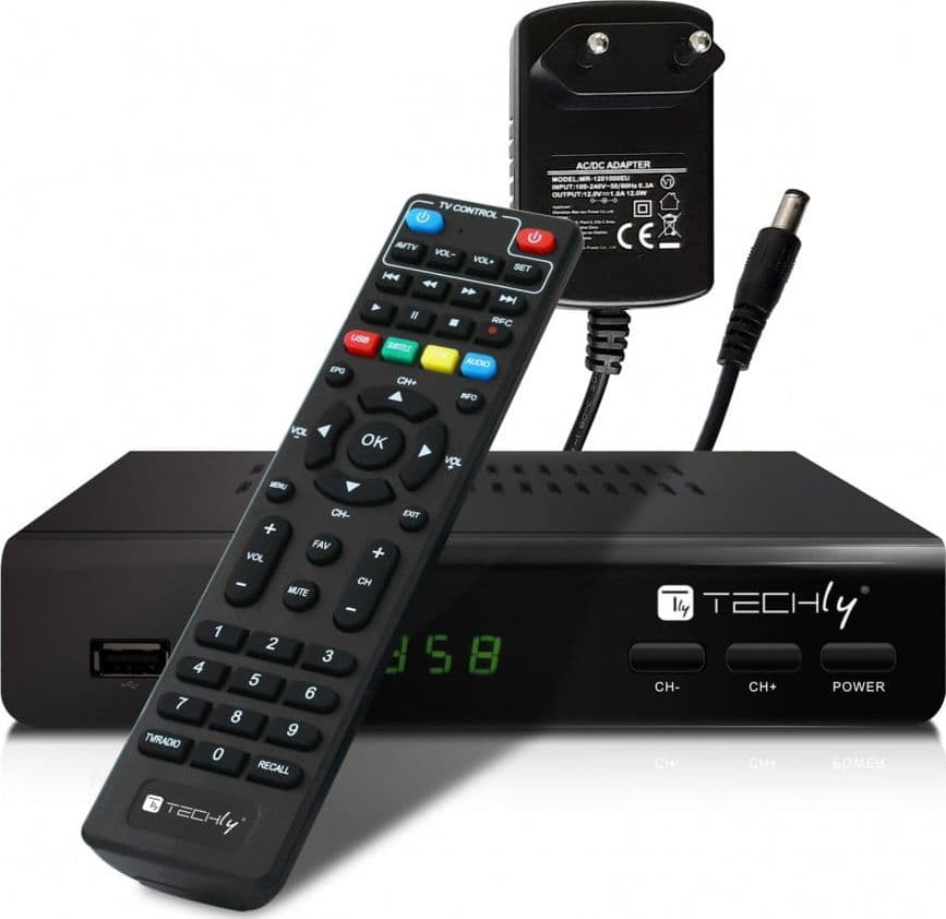 Decoder Ricevitore Digitale Terrestre DVB-T/T2 H.265 HEVC 10bit Metallo con Telecomando Universale 2 in 1 con Alimentatore 12V