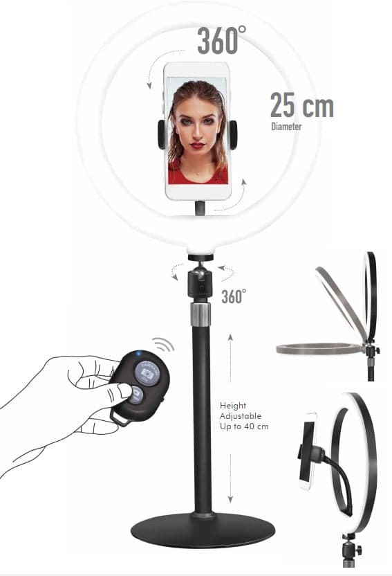 Luce LED Anello 25cm Regolazione Luminosit&agrave Stand Smartphone