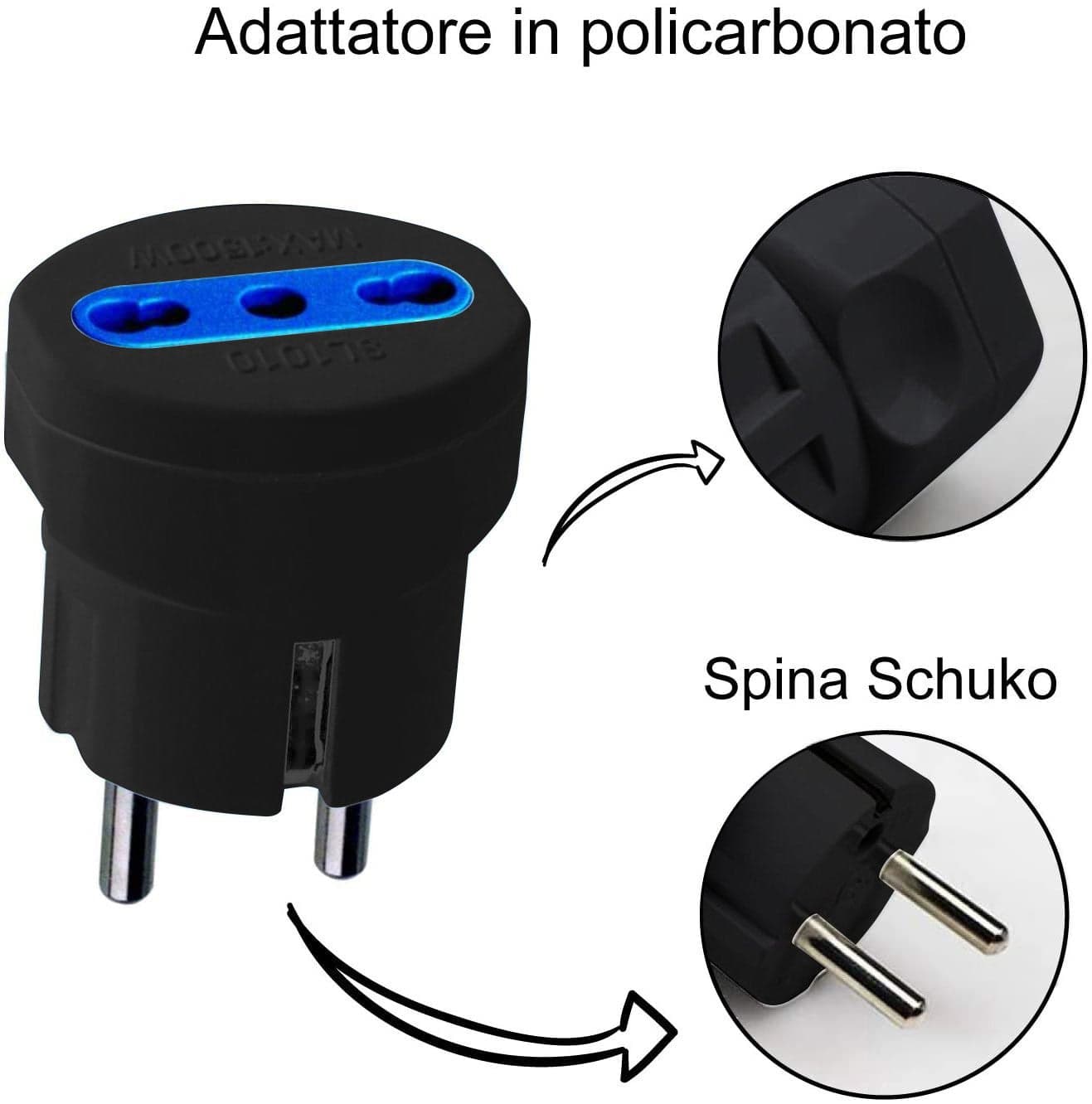 Adattatore spina Schuko a presa 10/16A Nero in Adattatori da viaggio Scontolo.net - Potenza, commercioVirtuoso.it