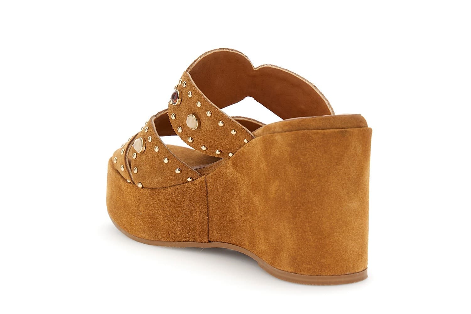 SANDALO CIABATTA IN PELLE SCAMOSCIATA SU ZEPPA CON BORCHIE E CABOCHON in Sandali moda 3A Moda Mare Sport - Bellaria Igea Marina, commercioVirtuoso.it