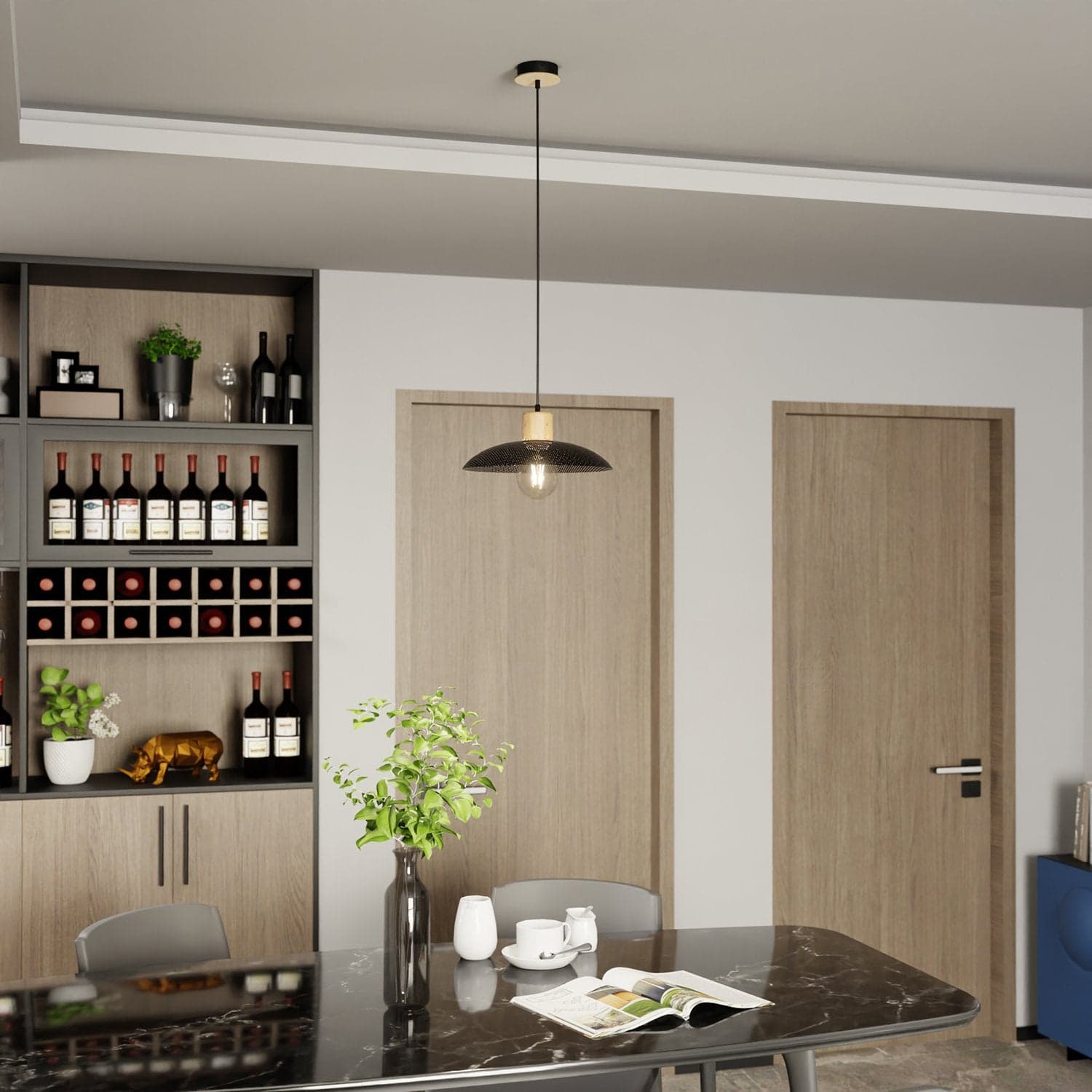Sospensione Nordica Kobe 1 Luce In Legno E Acciaio Nero in Lampade a sospensione LuceArt - Montecorvino Pugliano, commercioVirtuoso.it