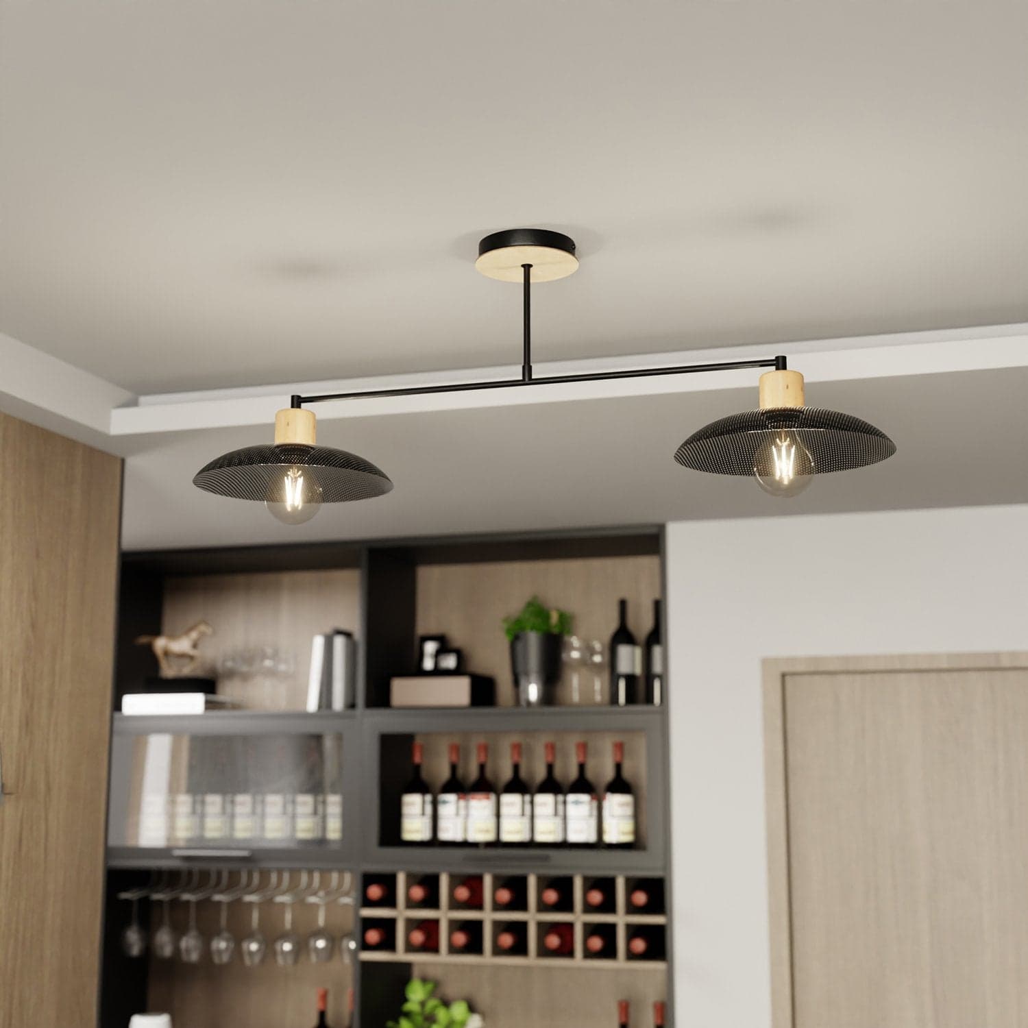 Plafoniera Nordica Kobe 2 Luci In Legno E Acciaio Nero in Lampade a sospensione LuceArt - Montecorvino Pugliano, commercioVirtuoso.it