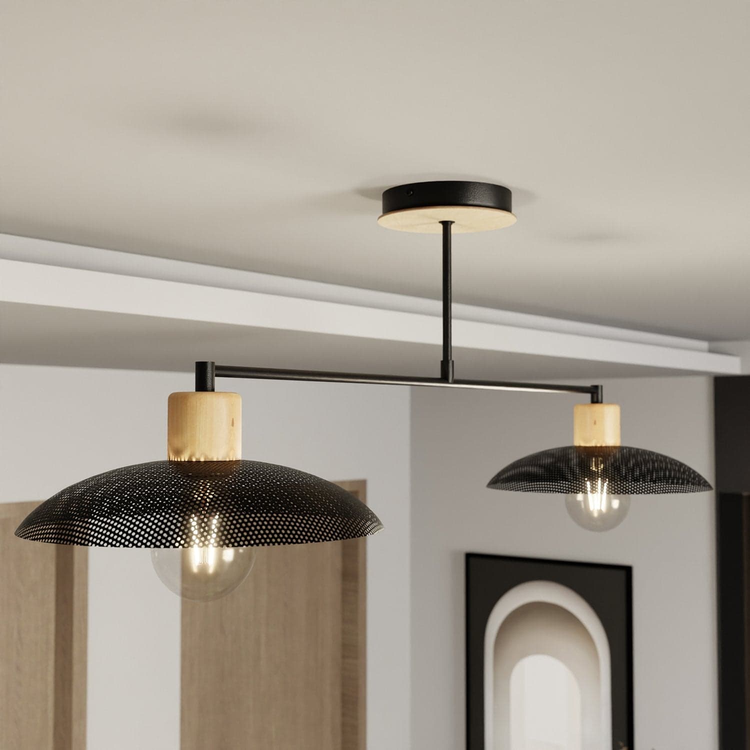 Plafoniera Nordica Kobe 2 Luci In Legno E Acciaio Nero in Lampade a sospensione LuceArt - Montecorvino Pugliano, commercioVirtuoso.it