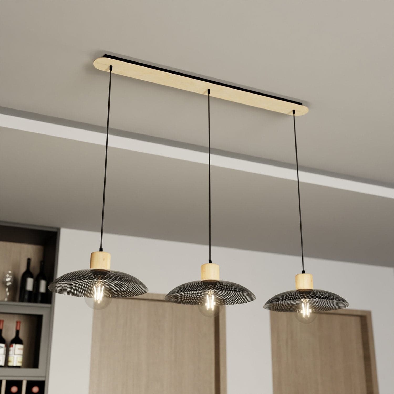Sospensione Nordica Kobe 3 Luci In Legno E Acciaio Nero in Lampade a sospensione LuceArt - Montecorvino Pugliano, commercioVirtuoso.it