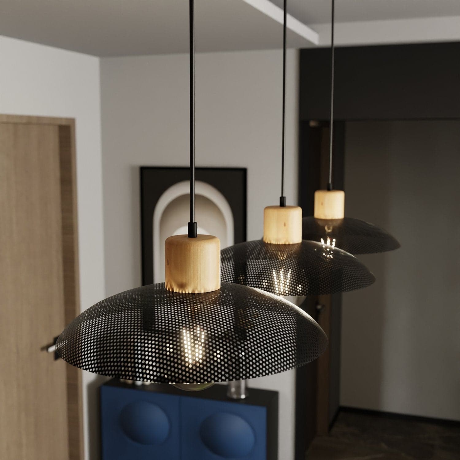 Sospensione Nordica Kobe 3 Luci In Legno E Acciaio Nero in Lampade a sospensione LuceArt - Montecorvino Pugliano, commercioVirtuoso.it