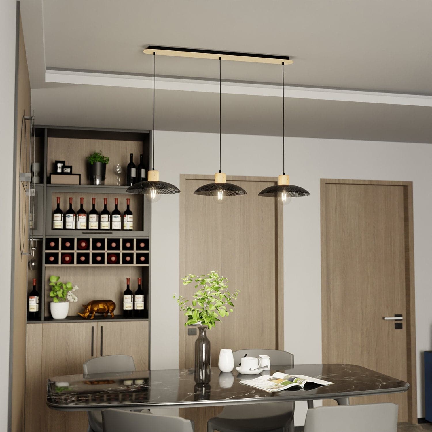 Sospensione Nordica Kobe 3 Luci In Legno E Acciaio Nero in Lampade a sospensione LuceArt - Montecorvino Pugliano, commercioVirtuoso.it