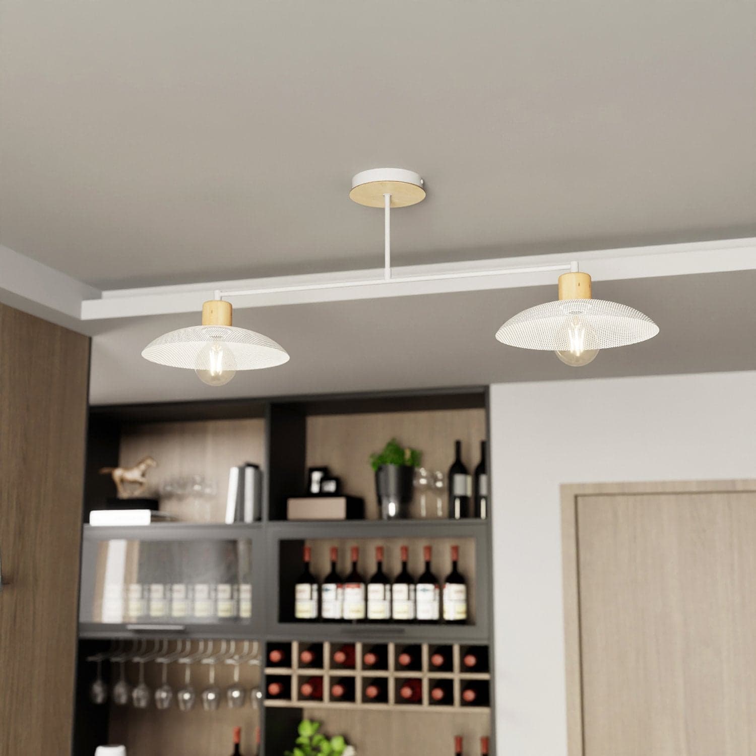 Plafoniera Nordica Kobe 2 Luci In Legno E Acciaio Bianco in Plafoniere LuceArt - Montecorvino Pugliano, commercioVirtuoso.it