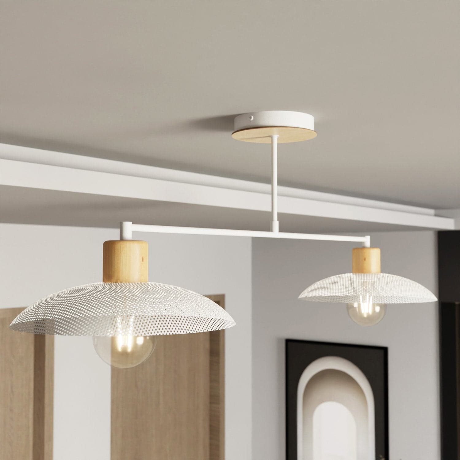 Plafoniera Nordica Kobe 2 Luci In Legno E Acciaio Bianco in Plafoniere LuceArt - Montecorvino Pugliano, commercioVirtuoso.it