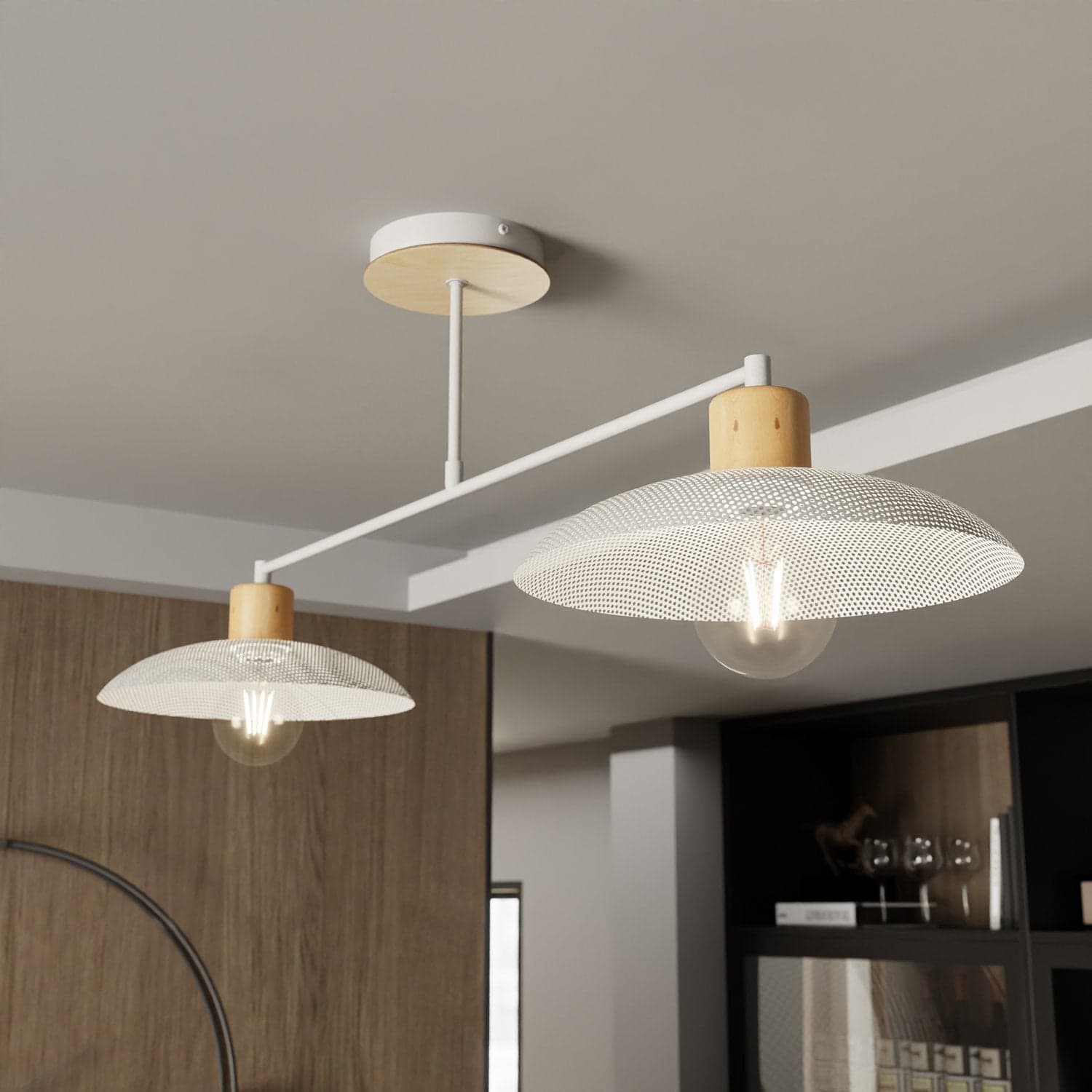 Plafoniera Nordica Kobe 2 Luci In Legno E Acciaio Bianco in Plafoniere LuceArt - Montecorvino Pugliano, commercioVirtuoso.it