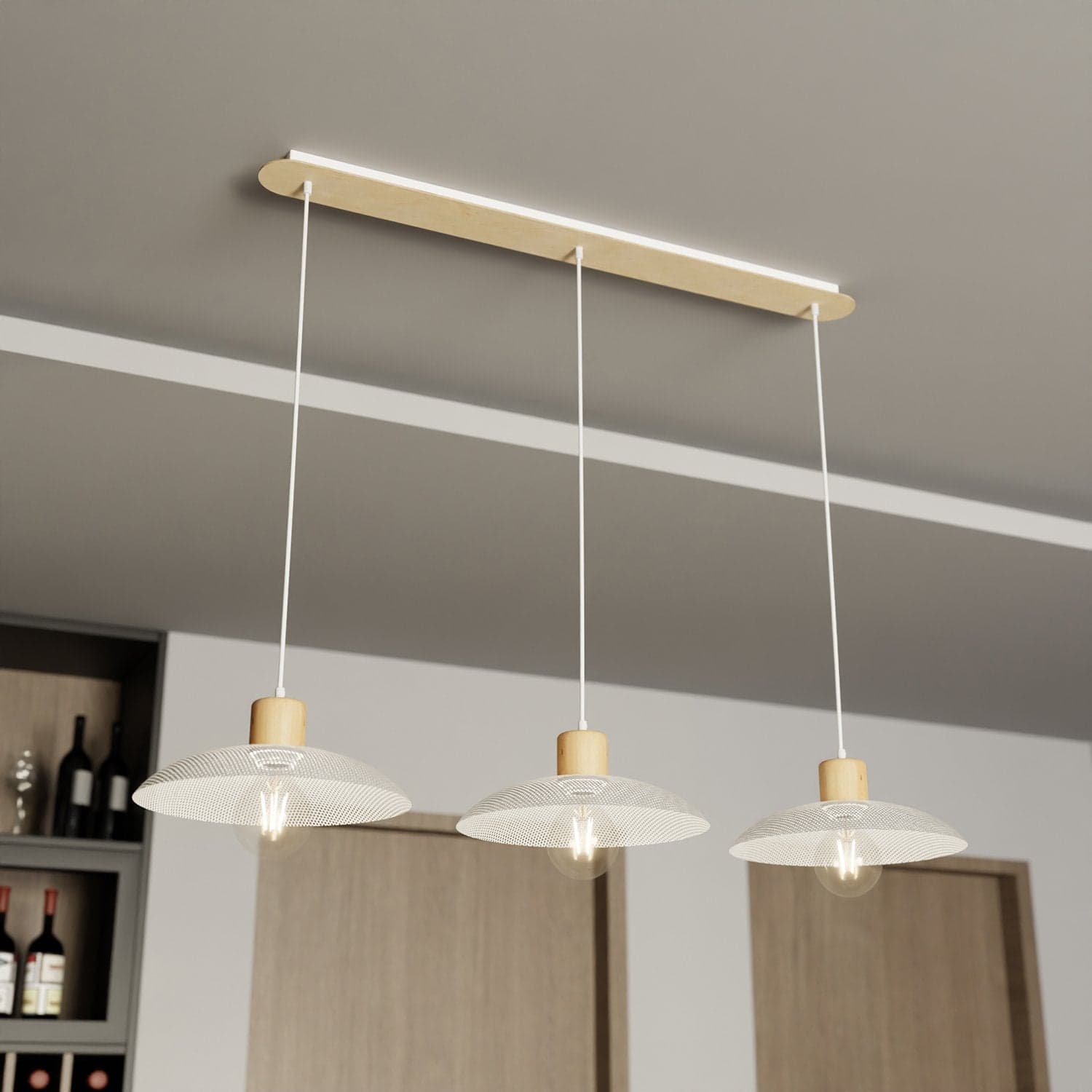Sospensione Nordica Kobe 3 Luci In Legno E Acciaio Bianco in Lampade a sospensione LuceArt - Montecorvino Pugliano, commercioVirtuoso.it