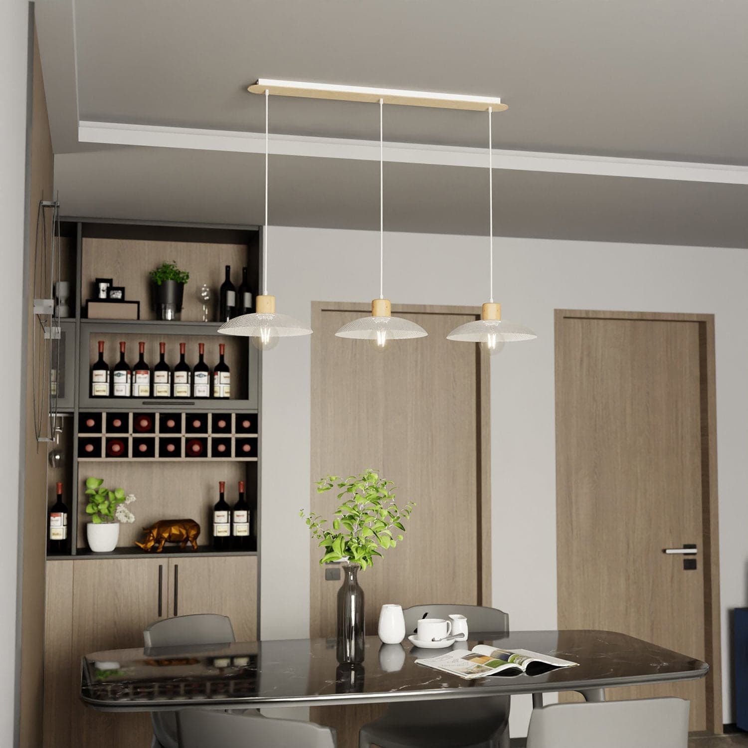 Sospensione Nordica Kobe 3 Luci In Legno E Acciaio Bianco in Lampade a sospensione LuceArt - Montecorvino Pugliano, commercioVirtuoso.it