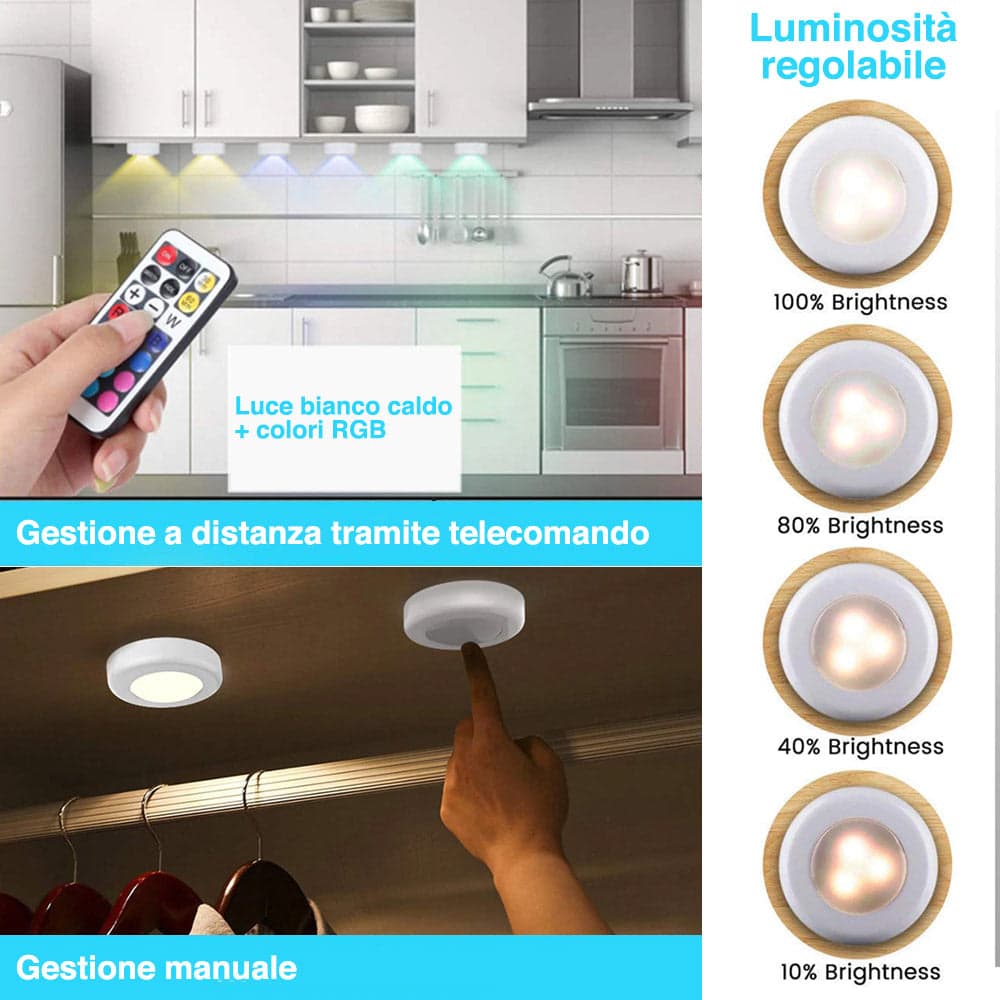 Set 6 Faretti Led Wireless Adesivi con 2Telecomandi Cambio Colore e Dimmerabile in Luci notturne Danyx - Casoria, commercioVirtuoso.it