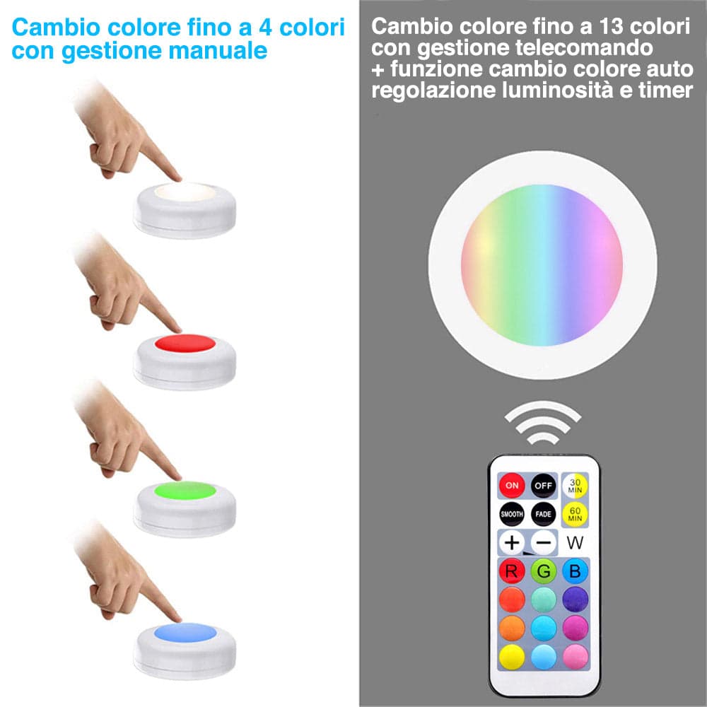 Set 6 Faretti Led Wireless Adesivi con 2Telecomandi Cambio Colore e Dimmerabile in Luci notturne Danyx - Casoria, commercioVirtuoso.it