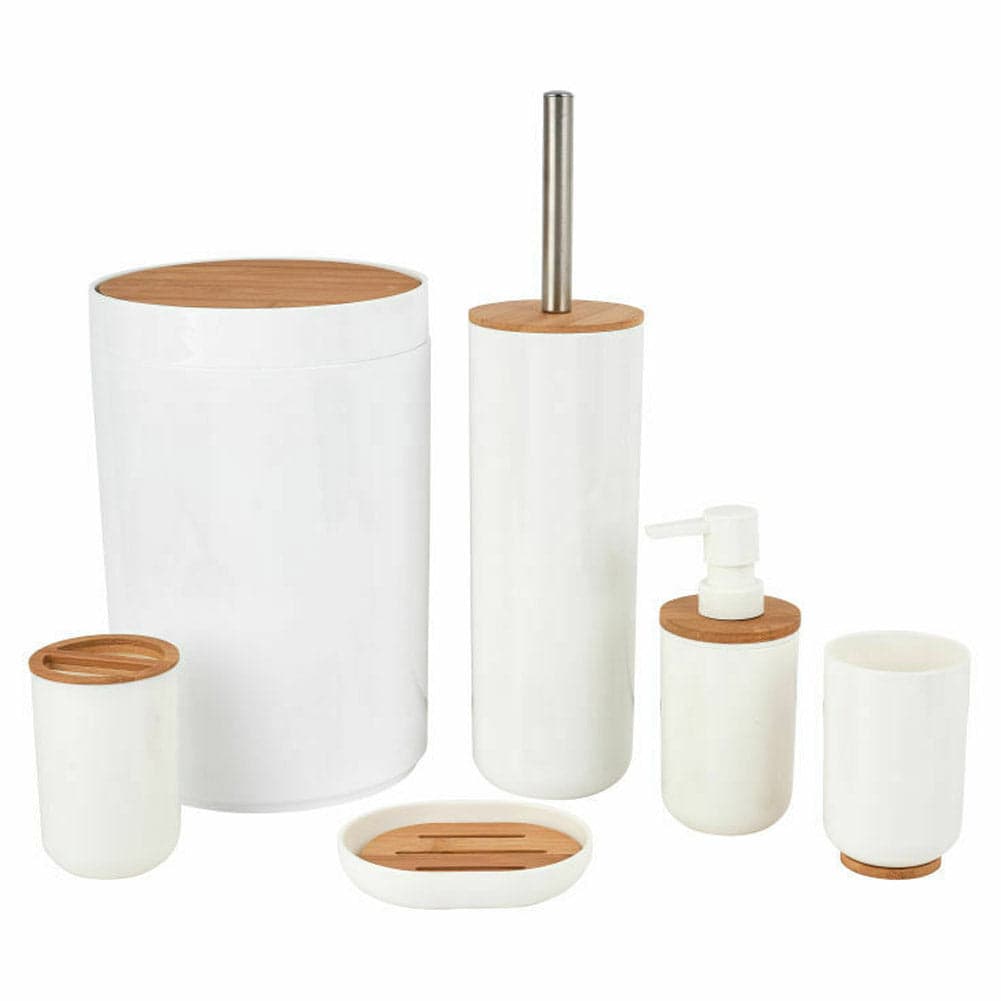 Set da Bagno 6pz Legno Bambù e Plastica Porta Sapone Spazzolino Pattumiera in Set di accessori per il bagno Danyx - Casoria, commercioVirtuoso.it