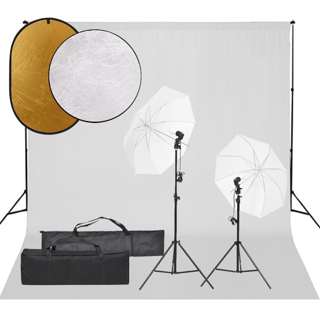 Set Completo per Studio Fotografico con Ombrelli Luci Fondale Bianco e Riflettore