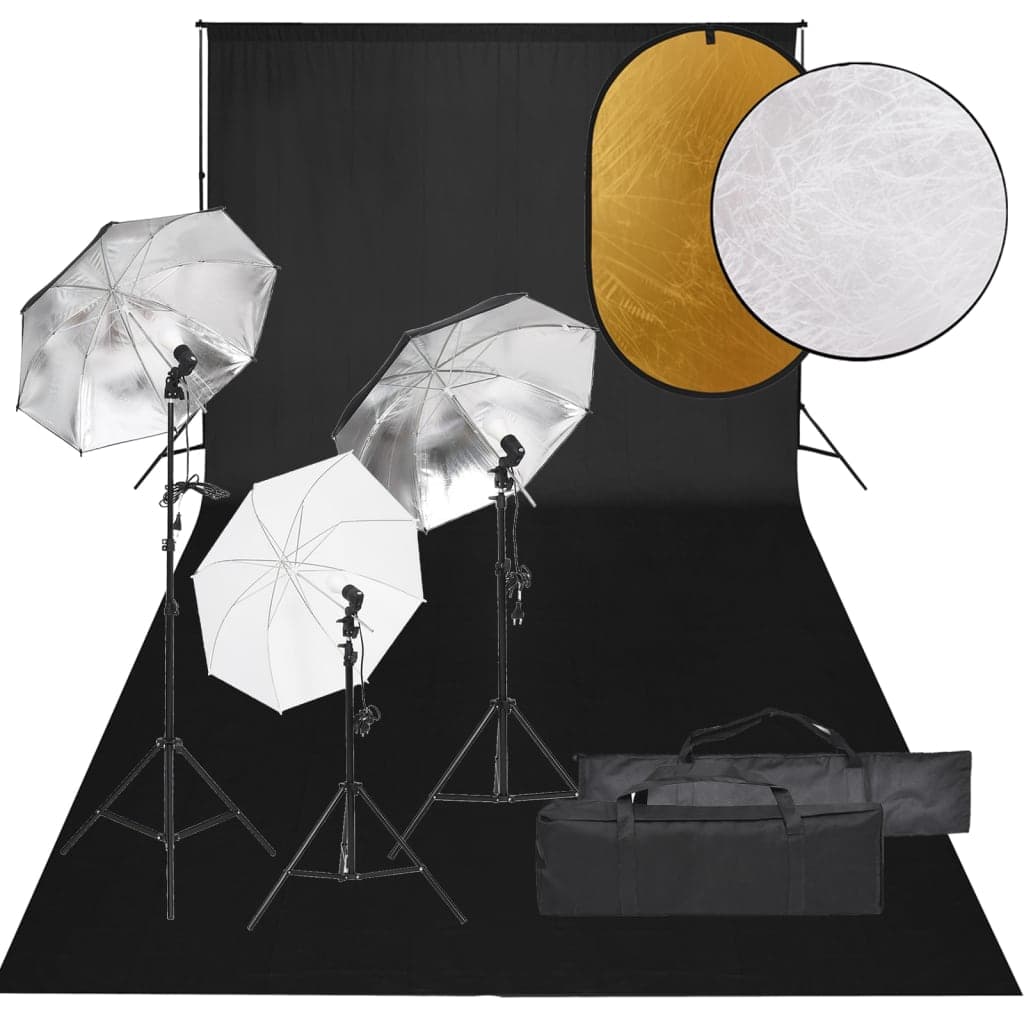 Kit Completo Studio Fotografico con Ombrelli Luci Fondale Nero e Riflettore