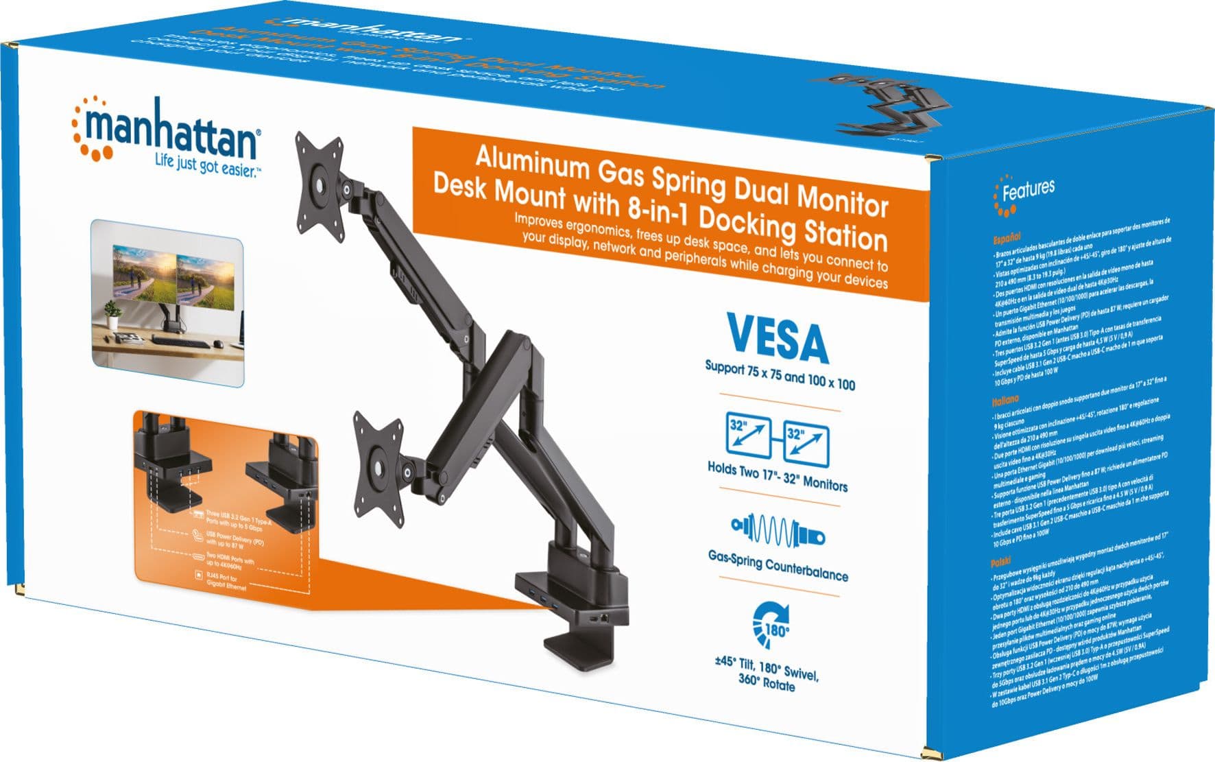 Supporto da Scrivania Doppio Monitor 17-32'' con Molla a Gas e Docking Station 8-in-1 in Supporti Scontolo.net - Potenza, commercioVirtuoso.it